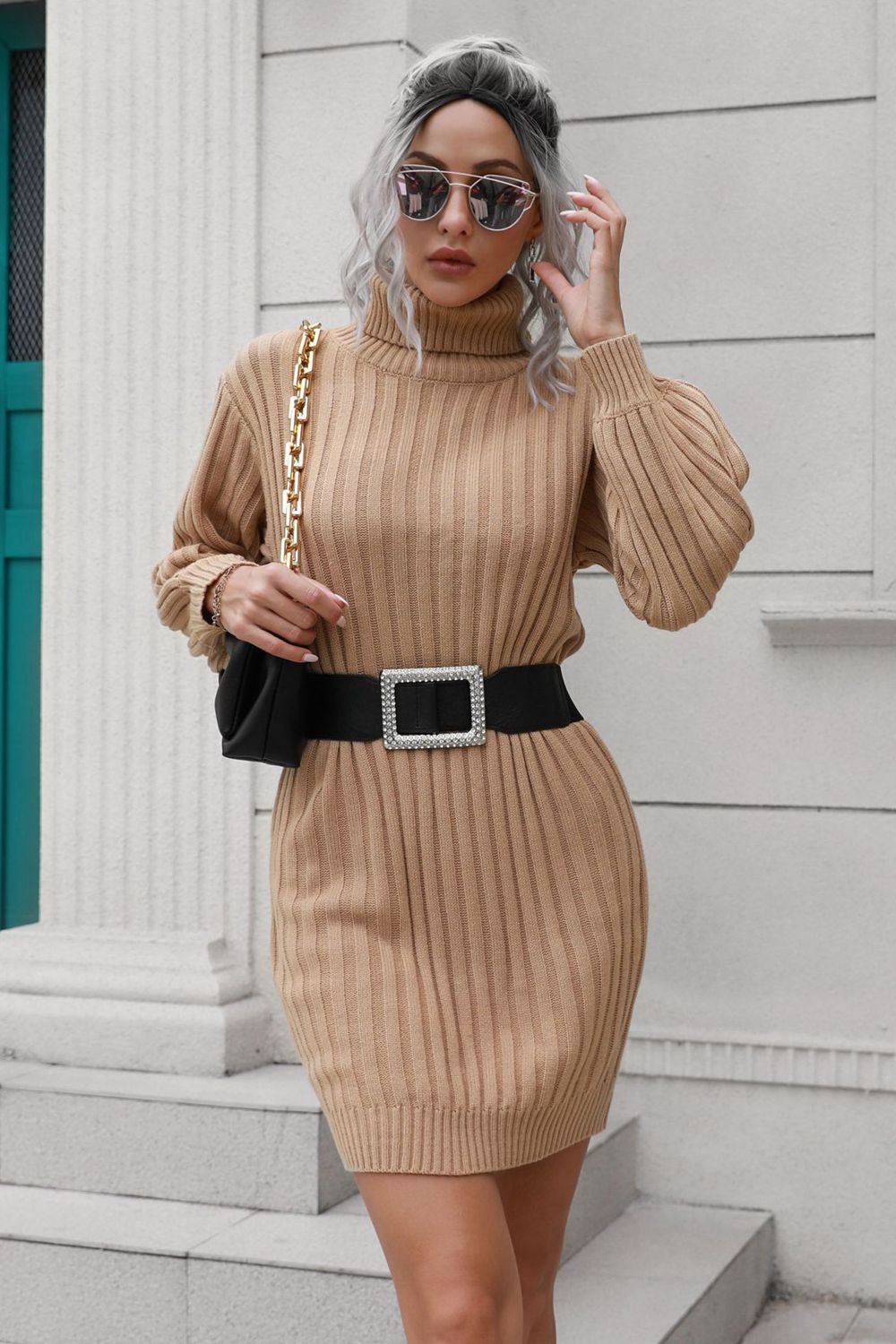 Gray Ribbed Turtle Neck Long Sleeve Mini Sweater Dress Clothing