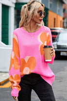 Rosy Brown Flower Round Neck Dropped Shoulder Sweater Clothing