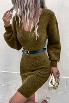 Gray Ribbed Long Sleeve Sweater Dress Clothing