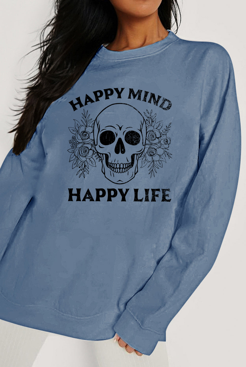 Slate Gray Simply Love Simply Love Full Size HAPPY MIND HAPPY LIFE SKULL Graphic Sweatshirt Sweatshirts