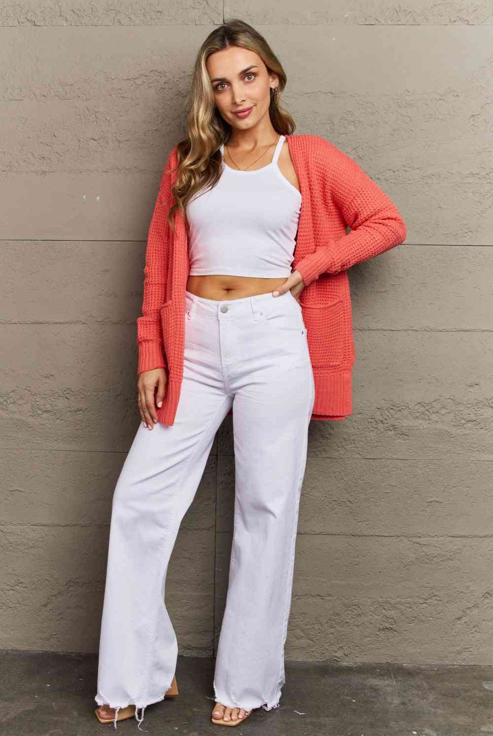 Rosy Brown Zenana Bright & Cozy Full Size Waffle Knit Cardigan Clothing