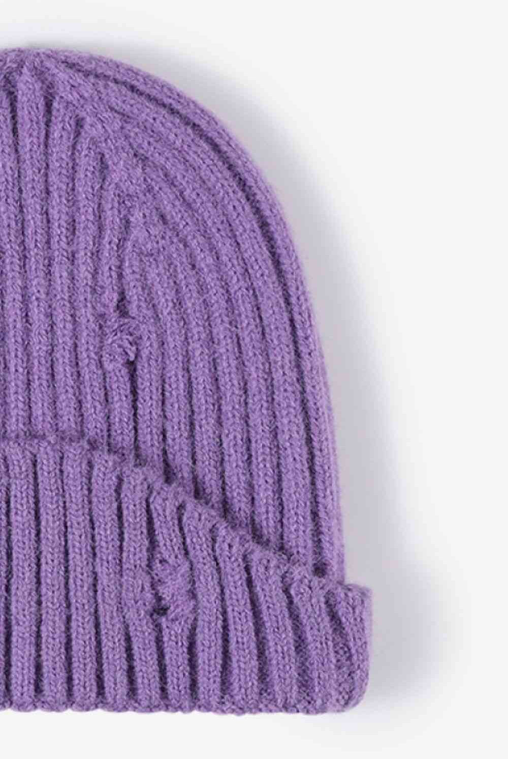 Light Gray Distressed Rib-Knit Beanie Winter Accessories