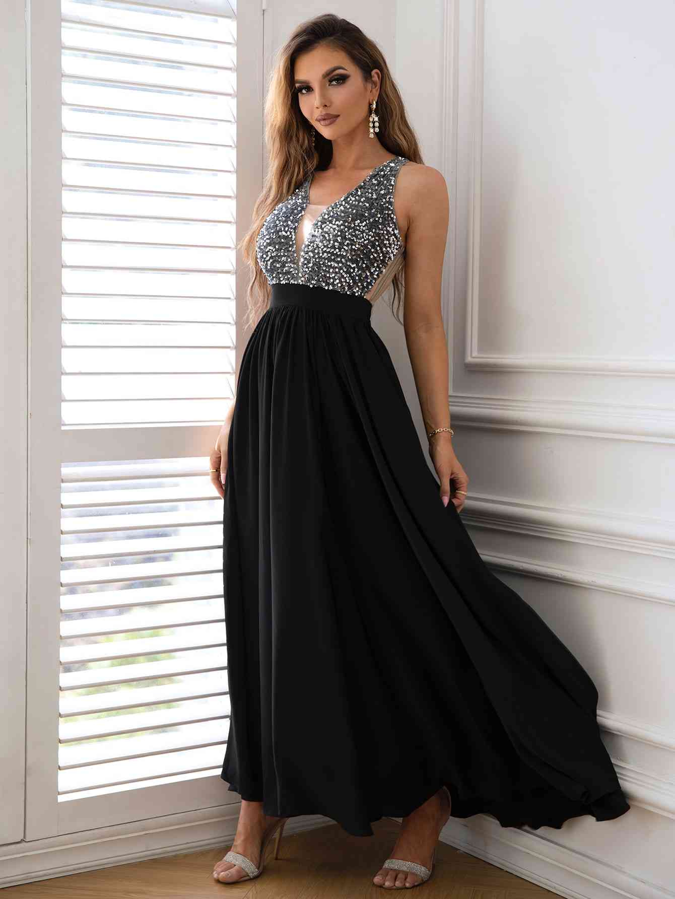 Gray Contrast Sequin Sleeveless Maxi Dress Holiday