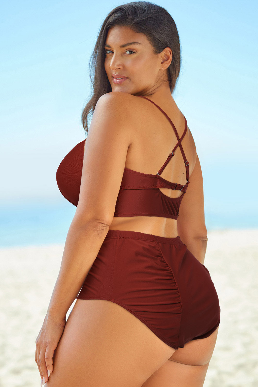 Saddle Brown Halter Neck Crisscross Ruched Two-Piece Swimsuit Clothing