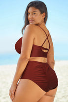 Saddle Brown Halter Neck Crisscross Ruched Two-Piece Swimsuit Clothing