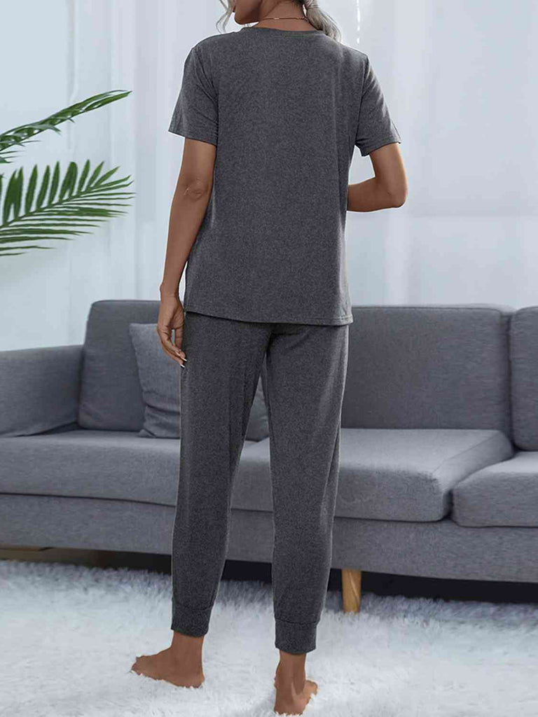 Dark Slate Gray Round Neck Short Sleeve Top and Pants Set Loungewear