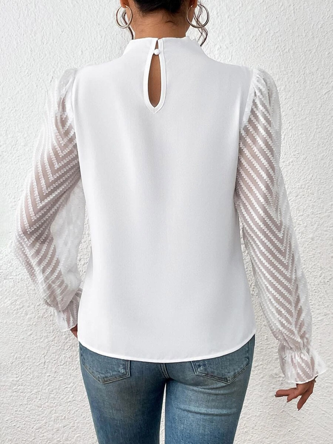 Light Gray Mock Neck Flounce Sleeve Blouse Clothing