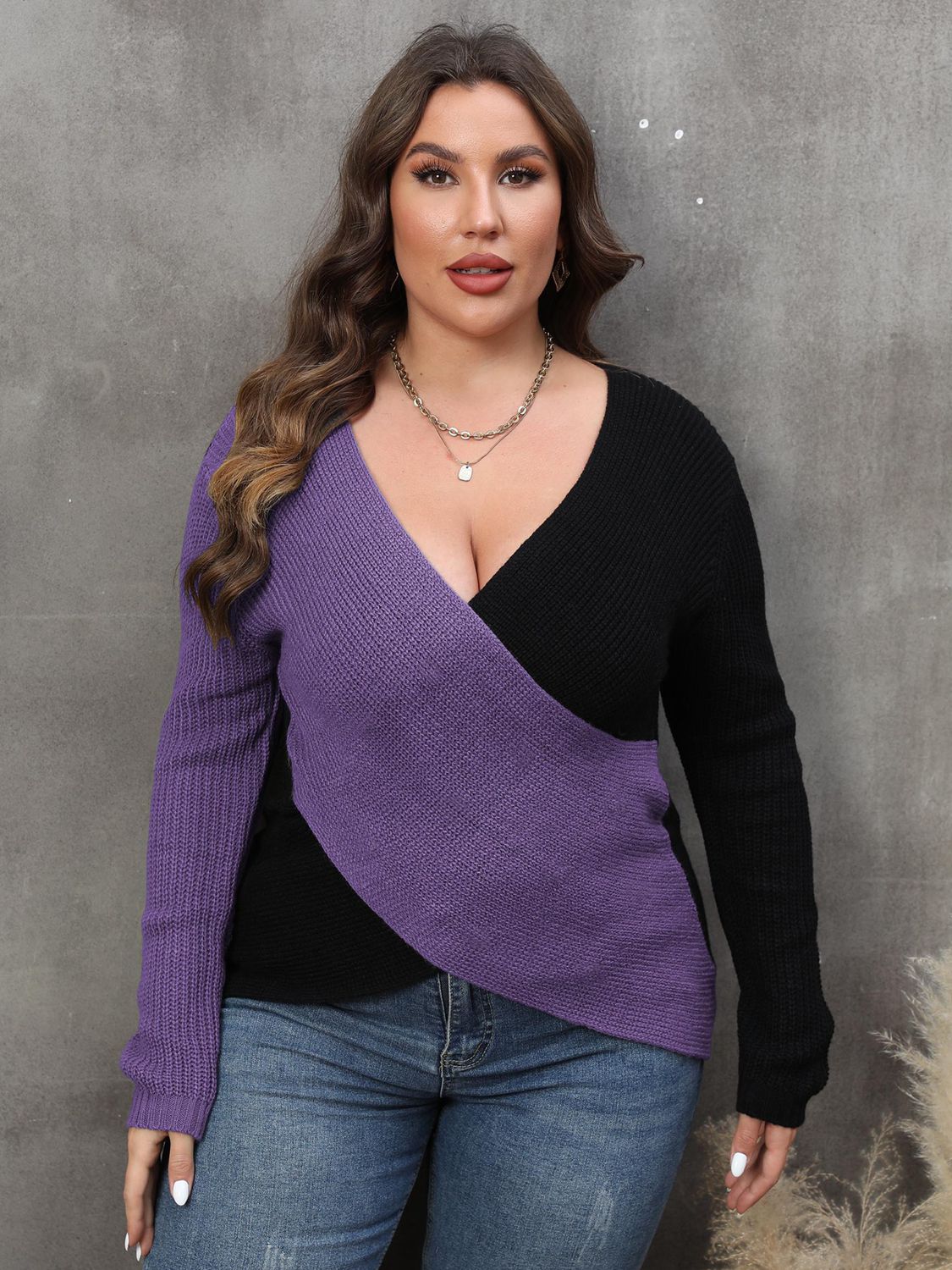 Dim Gray Plus Size Two-Tone Surplice Neck Sweater Clothing