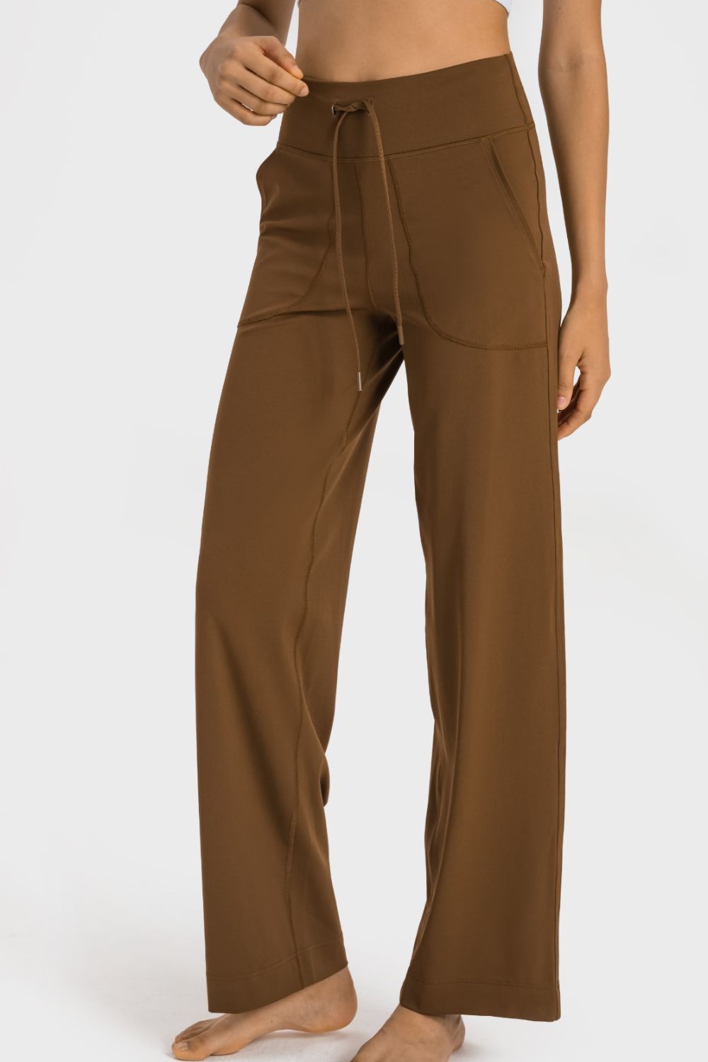 Saddle Brown Drawstring Waist Wide Leg Sports Pants with Pockets activewear