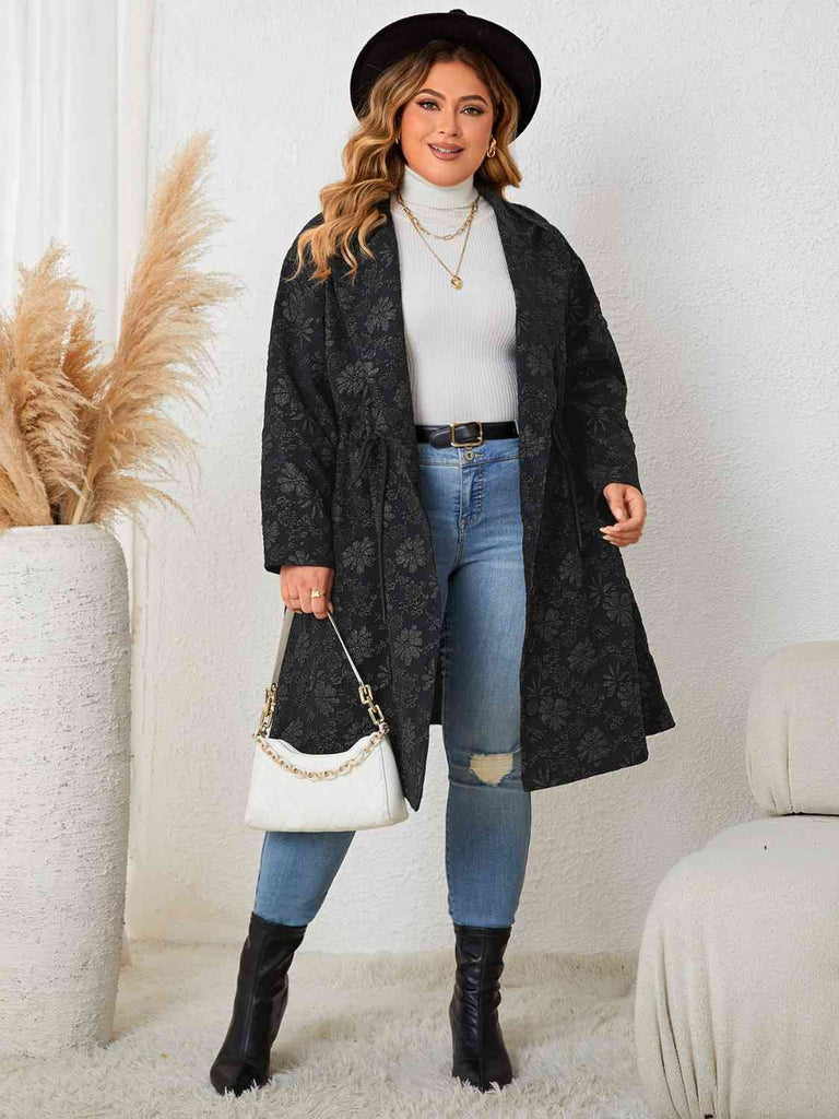 Gray Plus Size Long Sleeve Hooded Black Floral Trench Coat Plus Size Jackets & Coats