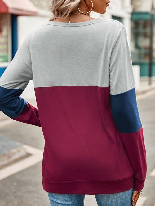 Gray Color Block Cutout Round Neck Long Sleeve T-Shirt Holiday