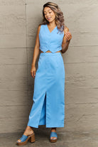 Rosy Brown V-Neck Vest and Slit Maxi Skirt Set Clothing