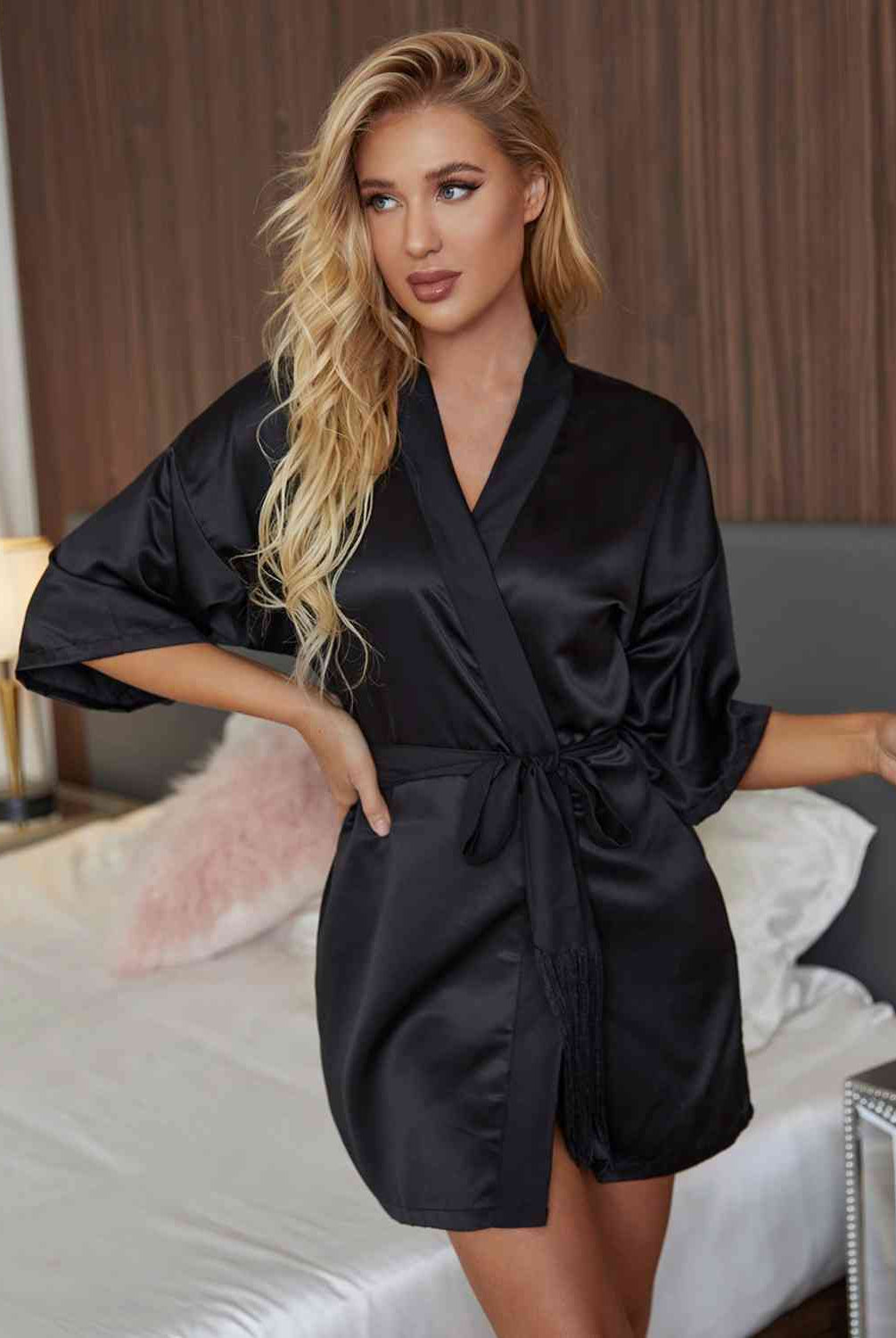 Dark Slate Gray Girls Night Fringe Detail Belted Half Sleeve Robe Pajamas