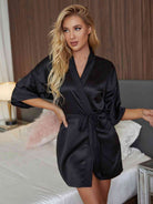 Dark Slate Gray Girls Night Fringe Detail Belted Half Sleeve Robe Pajamas