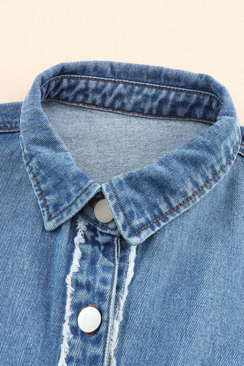 Slate Gray Raw Hem Button Up Denim Jacket with Breast Pockets Denim
