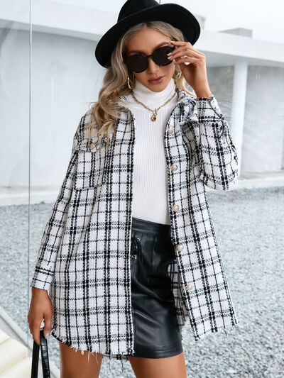 Light Gray Plaid Pocketed Button Up Dropped Shoulder Jacket Capsule