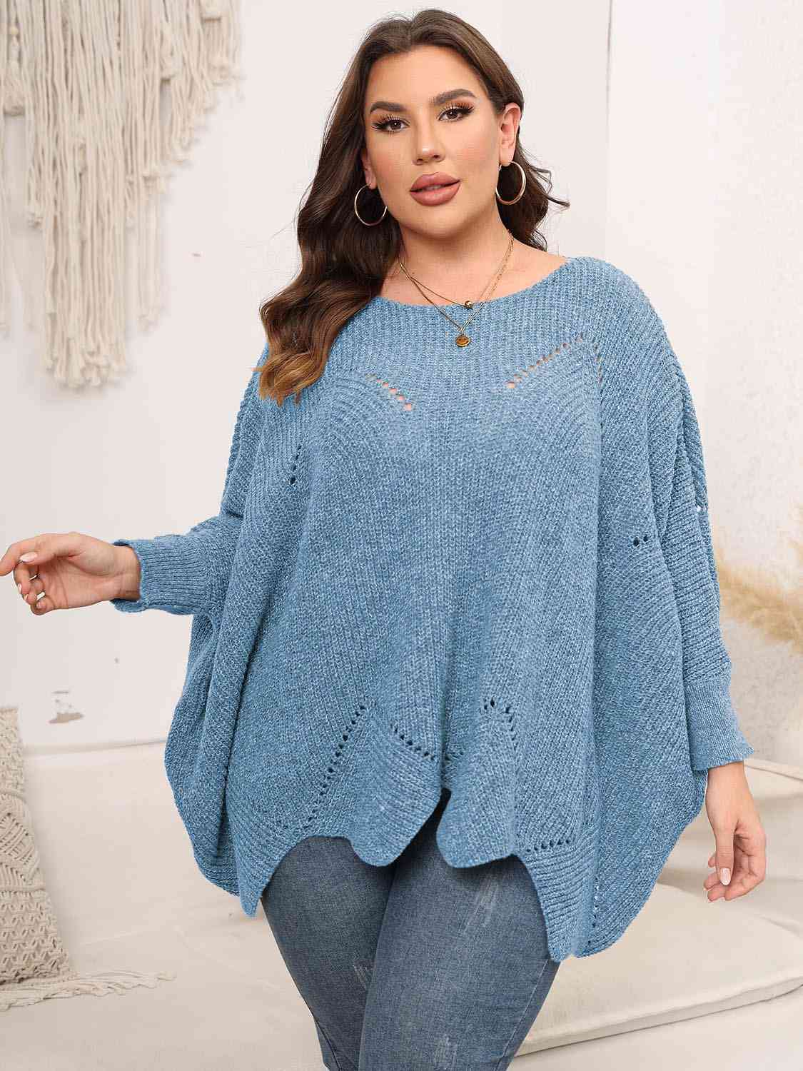 Light Gray Plus Size Round Neck Batwing Sleeve Sweater Plus Size Clothes