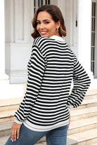 Dark Slate Gray Striped Round Neck Dropped Shoulder Sweater Capsule