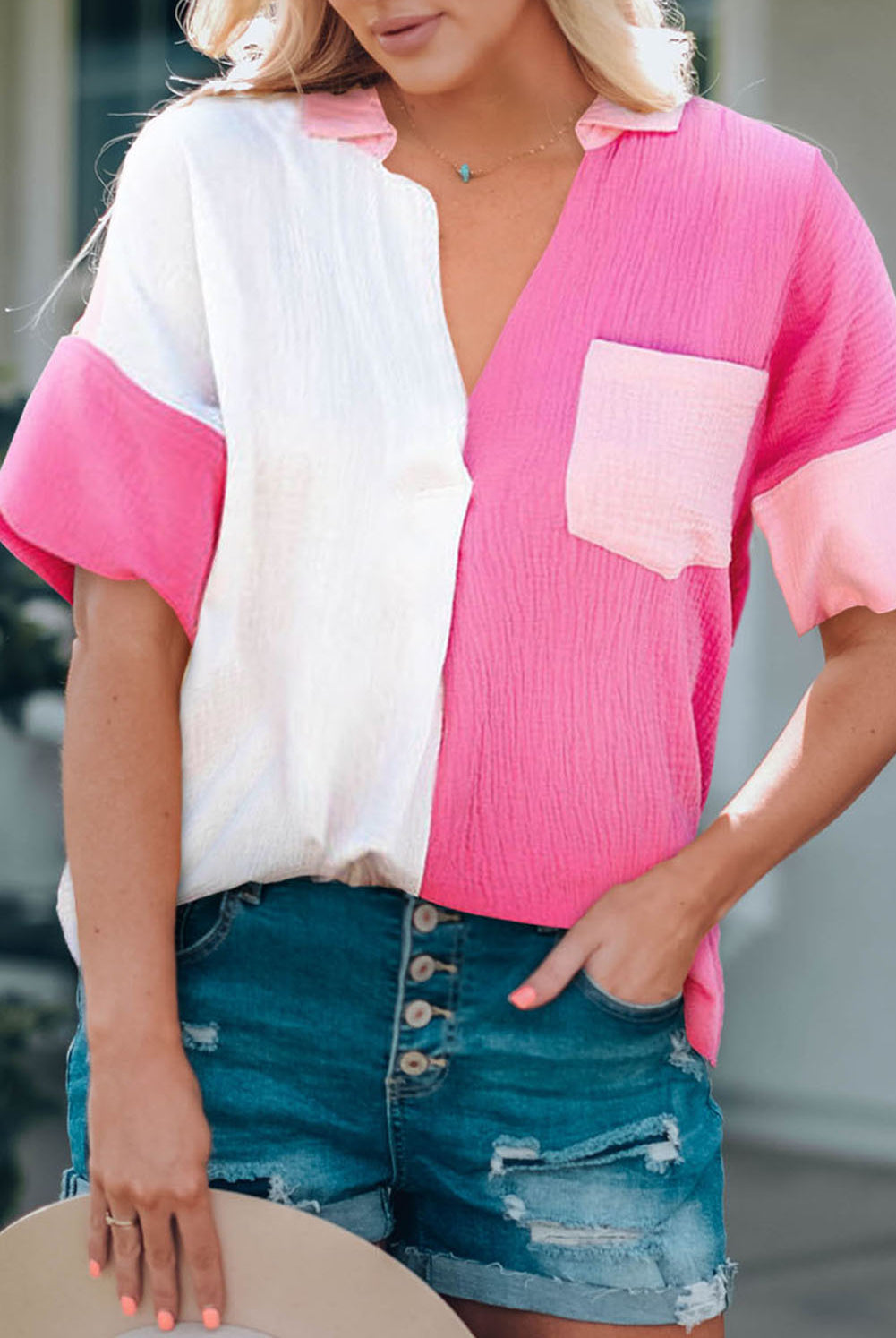 Rosy Brown Pink Summer Color Block Textured Johnny Collar Blouse Tops