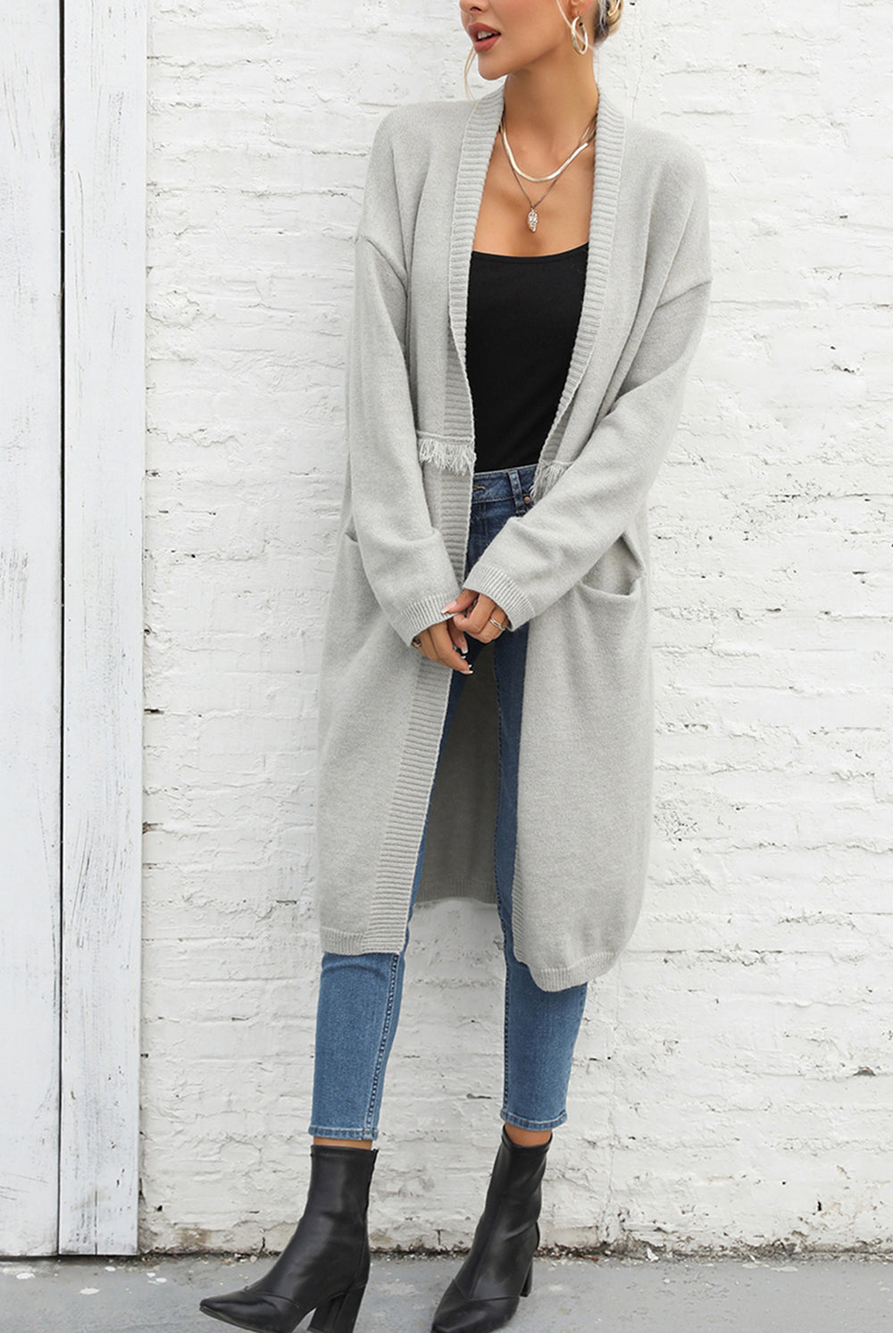 Light Gray Open Front Pocketed Cardigan Clothing