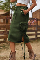 Dark Olive Green Drawstring Denim Cargo Skirt Denim