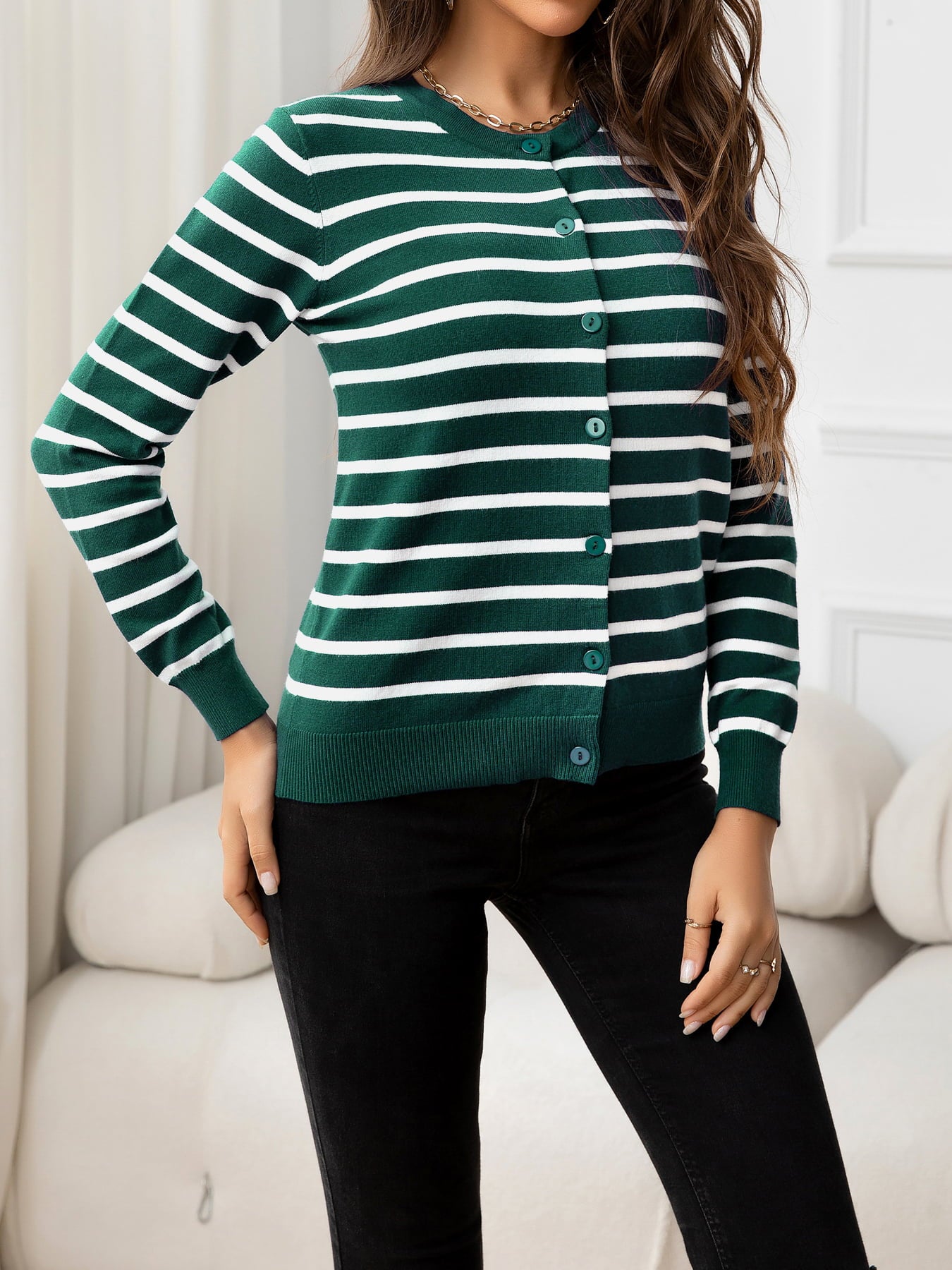 Light Gray Striped Round Neck Long Sleeve Buttoned Knit Top Clothing
