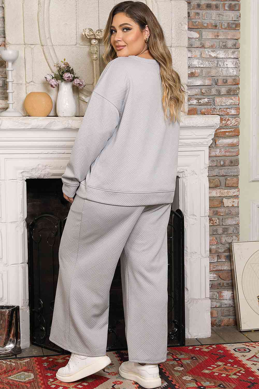 Gray Plus Size Dropped Shoulder Top and Pants Set Holiday