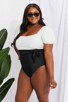 Dark Slate Gray Marina West Swim Salty Air Puff Sleeve One-Piece in Cream/Black Swimwear
