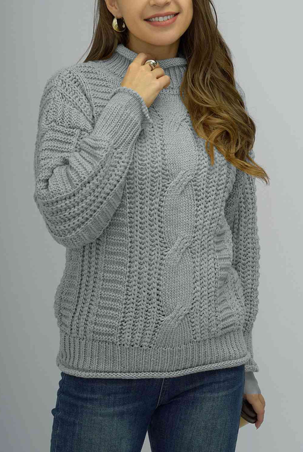 Light Slate Gray Cable-Knit Mock Neck Sweater Clothing