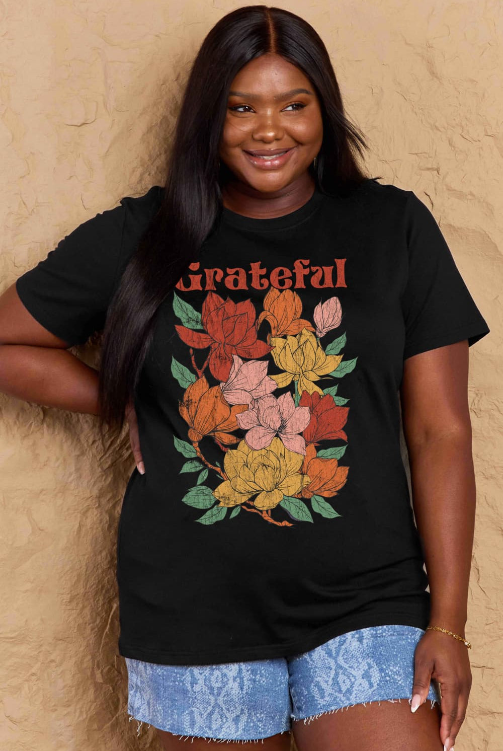 Tan Simply Love Full Size GRATEFUL Flower Graphic Cotton T-Shirt Graphic Tees