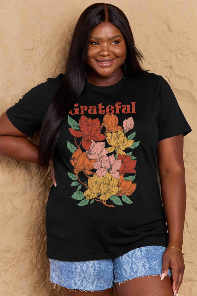 Tan Simply Love Full Size GRATEFUL Flower Graphic Cotton T-Shirt Graphic Tees