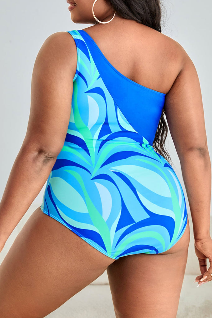 Rosy Brown Plus Size Printed Ring Detail One-Shoulder One-Piece Swimsuit Plus Size Clothes