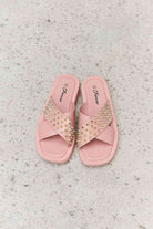 Light Gray Forever Link Studded Cross Strap Sandals in Blush Shoes