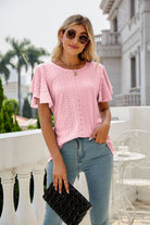 Gray Eyelet Flutter Sleeve Round Neck Top Tops