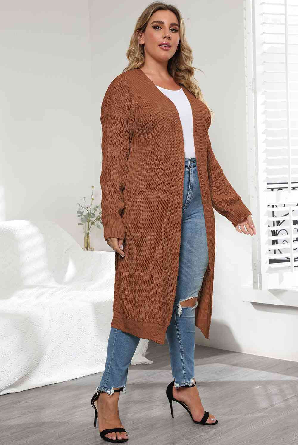 Light Gray Plus Size Open Front Long Sleeve Cardigan Plus Size Clothes