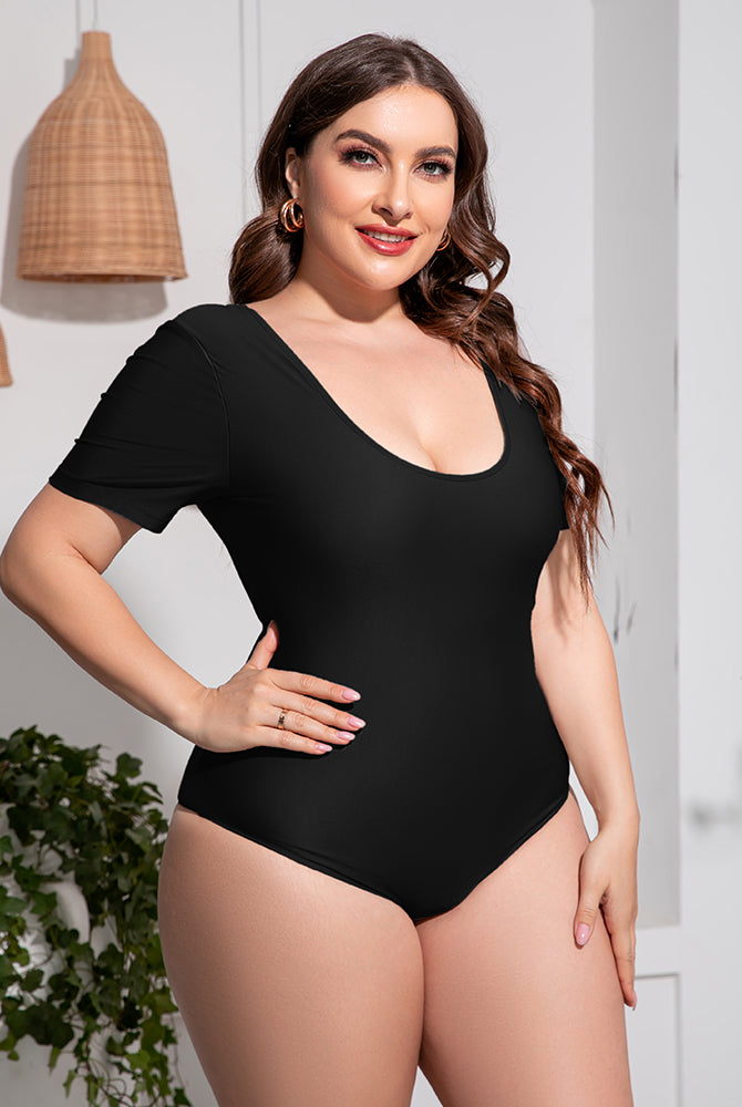 Black Plus Size Scoop Neck Short Sleeve One-Piece Swimsuit Plus Size Clothes