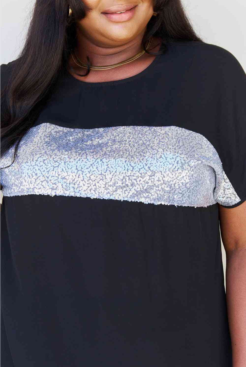 Gray Sew In Love Shine Bright Full Size Center Mesh Sequin Top in Black/Silver Clothing