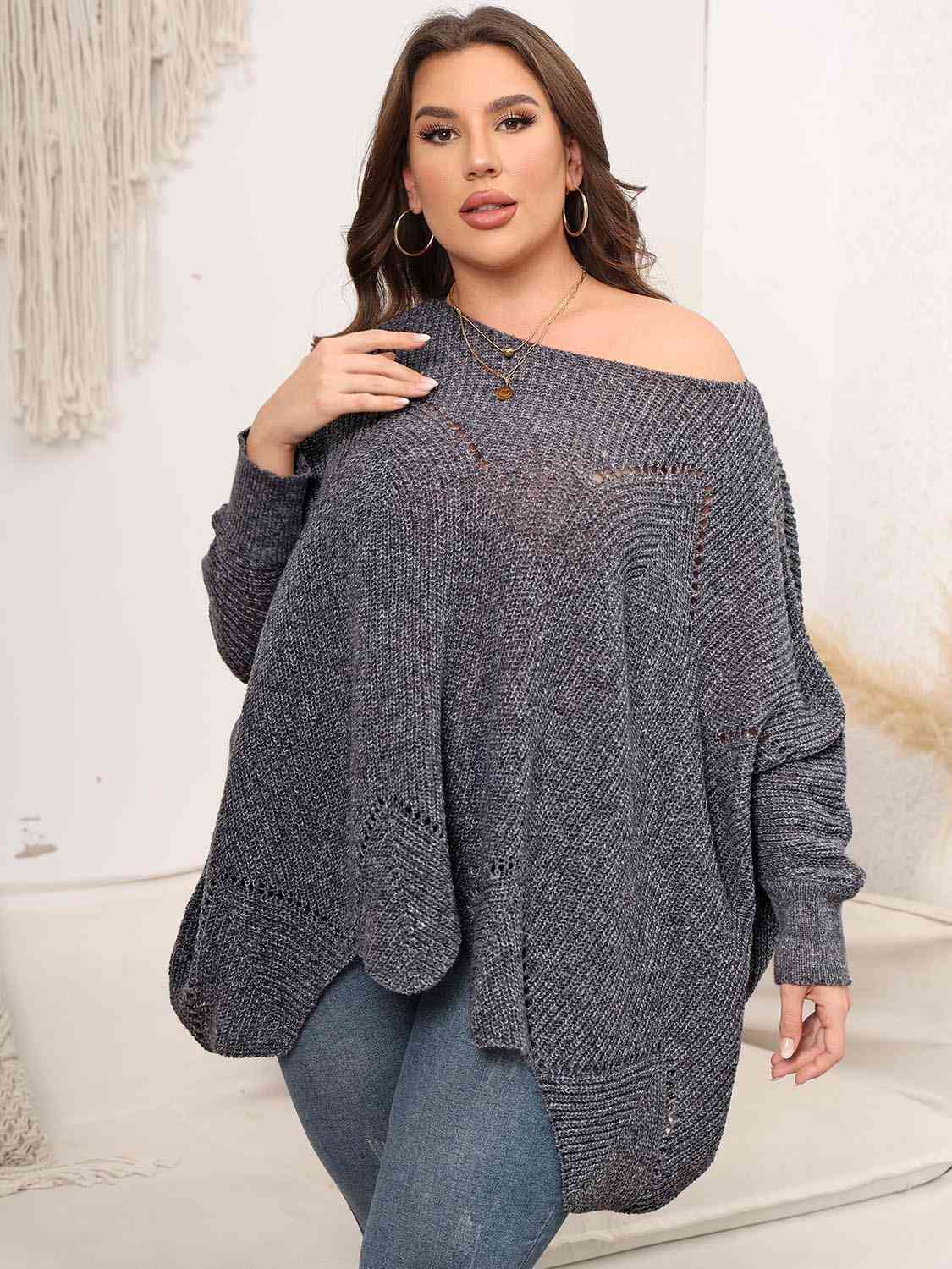 Dark Slate Gray Plus Size Round Neck Batwing Sleeve Sweater Plus Size Clothes
