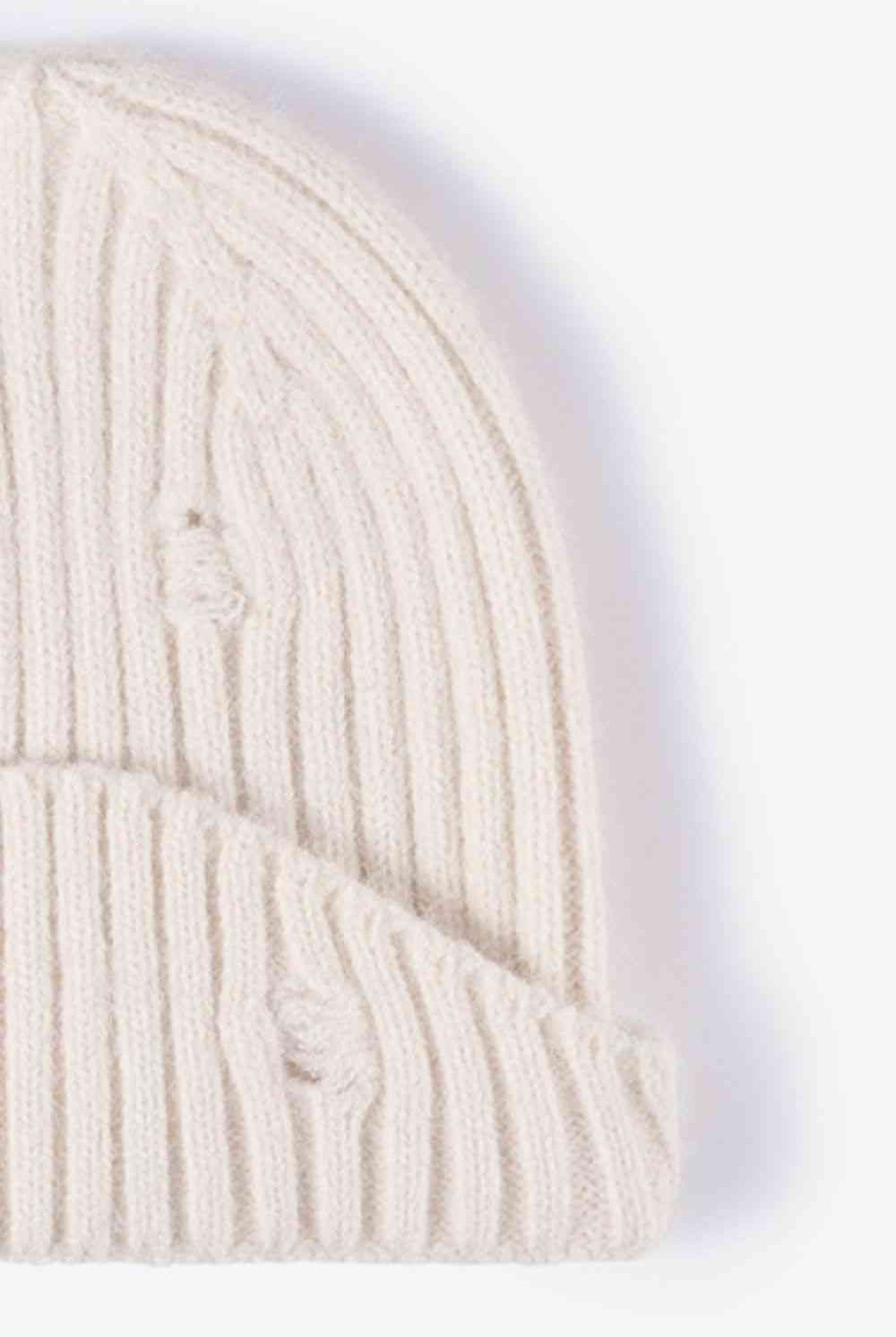 Beige Distressed Rib-Knit Beanie Winter Accessories