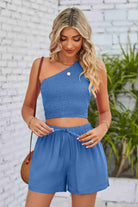 Dark Slate Blue Smocked One-Shoulder Sleeveless Top and Shorts Set Outfit Sets