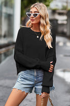 Light Slate Gray Round Neck Drop Shoulder Long Sleeve Sweater Clothing