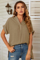 Rosy Brown Notched Neck Slit Cuffed Blouse Tops