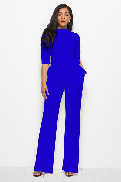 Medium Blue Mock Neck Tie-Waist Half Sleeve Jumpsuit Clothes