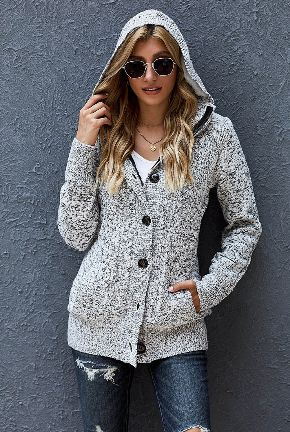 Dim Gray Forever Grateful Cable-Knit Fleece Lining Button-Up Hooded Cardigan Jacket