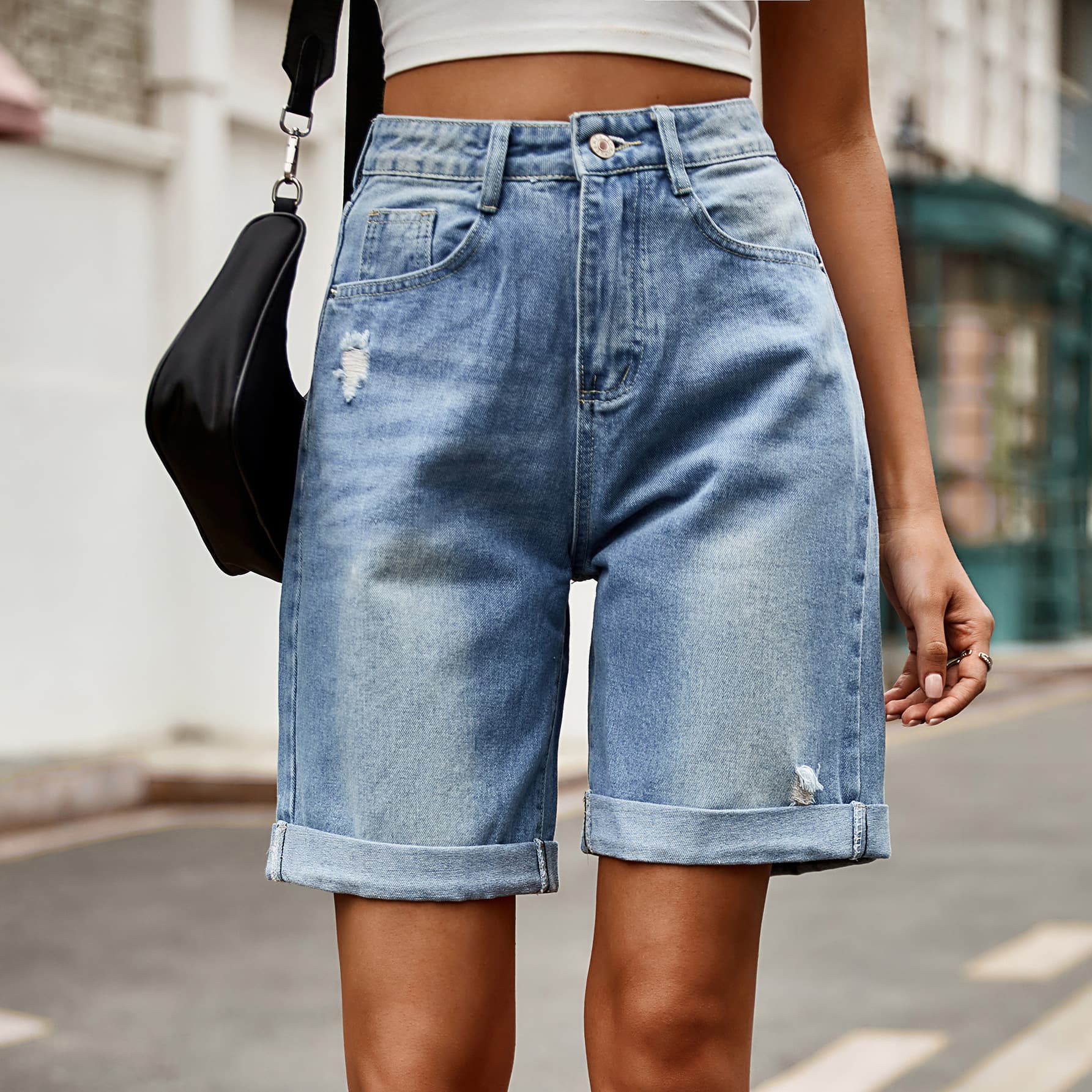 Dark Gray Distressed Buttoned Denim Shorts with Pockets