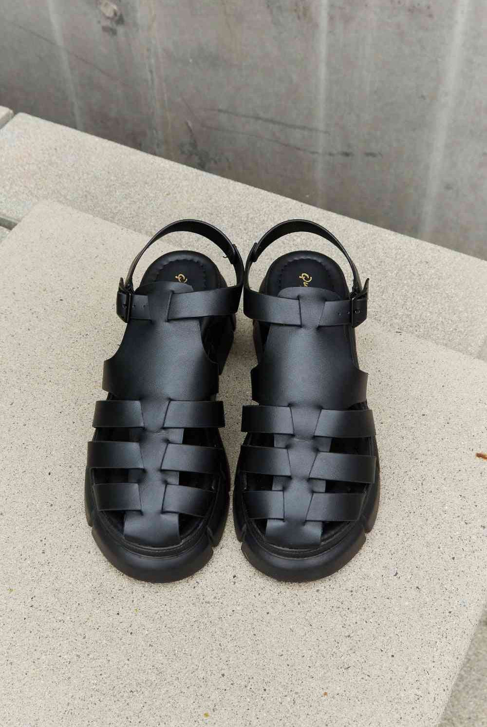 Gray Qupid Platform Cage Stap Sandal in Black Sandals