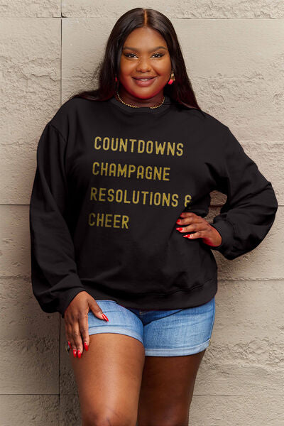 Tan Simply Love Full Size COUNTDOWNS CHAMPAGNE RESOLUTIONS & CHEER Round Neck Sweatshirt Plus Size Clothing