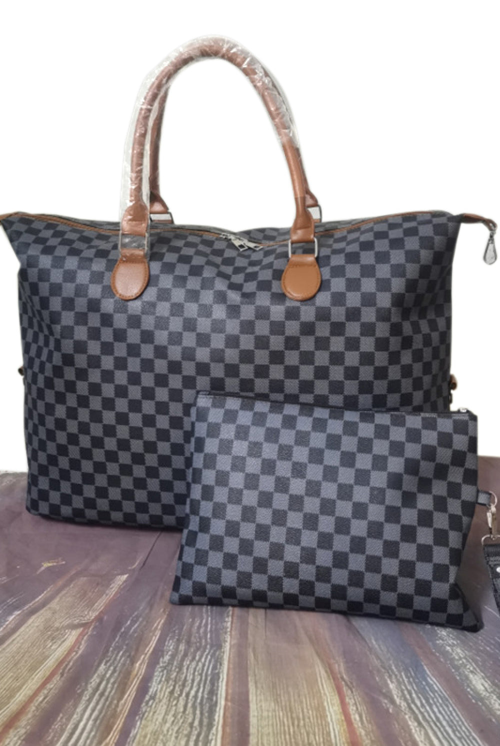 Dim Gray Checkered Two-Piece Bag Set Handbags