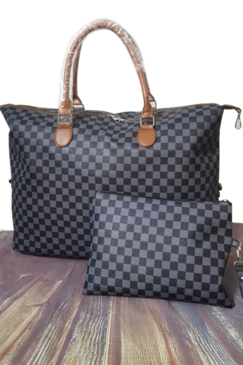 Dim Gray Checkered Two-Piece Bag Set Handbags