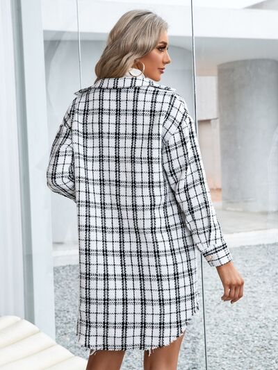 Light Gray Plaid Pocketed Button Up Dropped Shoulder Jacket Capsule